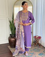 Thumbnail for Teeya Creation Lavender Color Viscose Rayon Embroidery Work Fully Stitched Kurti Set - Distacart