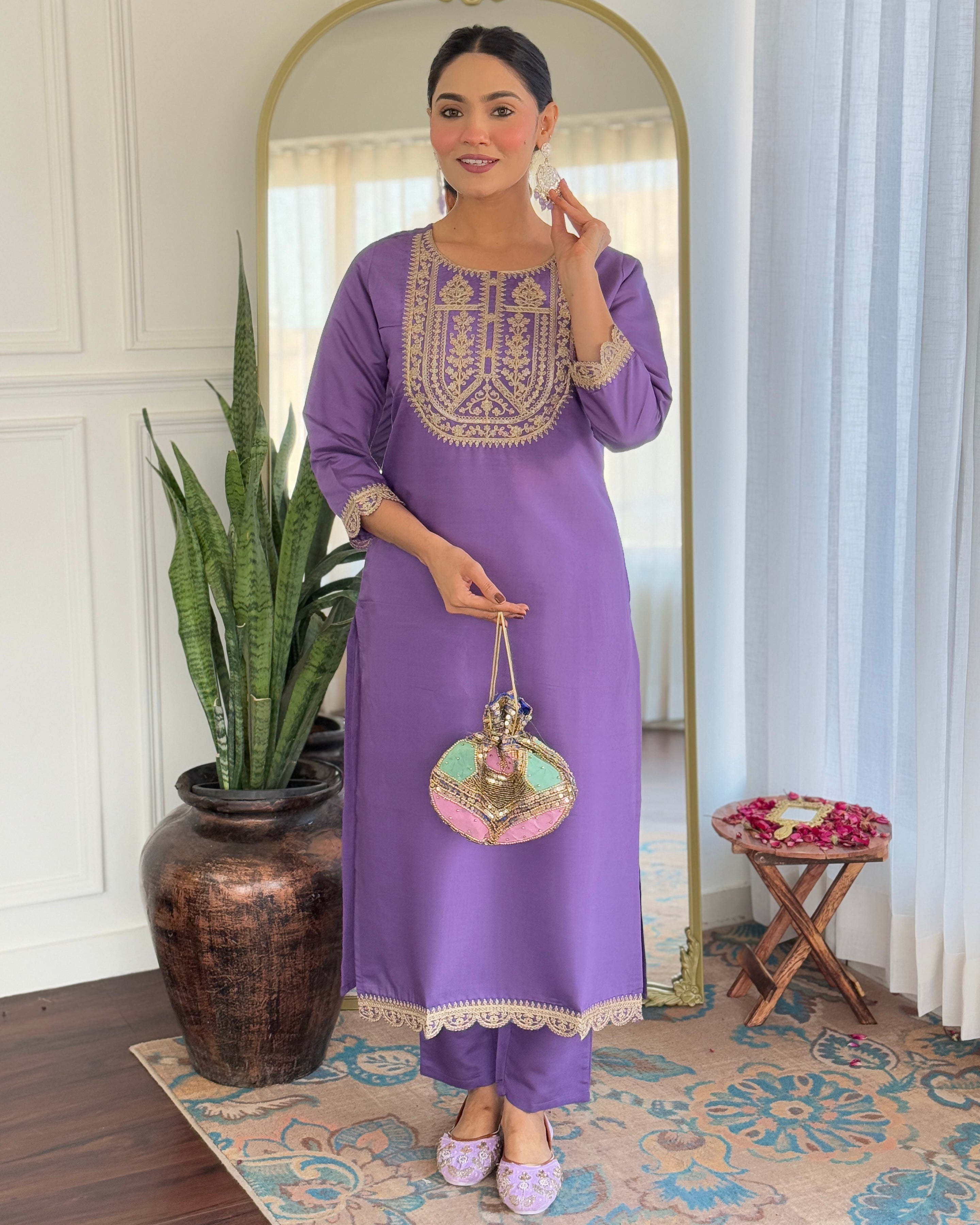 Teeya Creation Lavender Color Viscose Rayon Embroidery Work Fully Stitched Kurti Set - Distacart