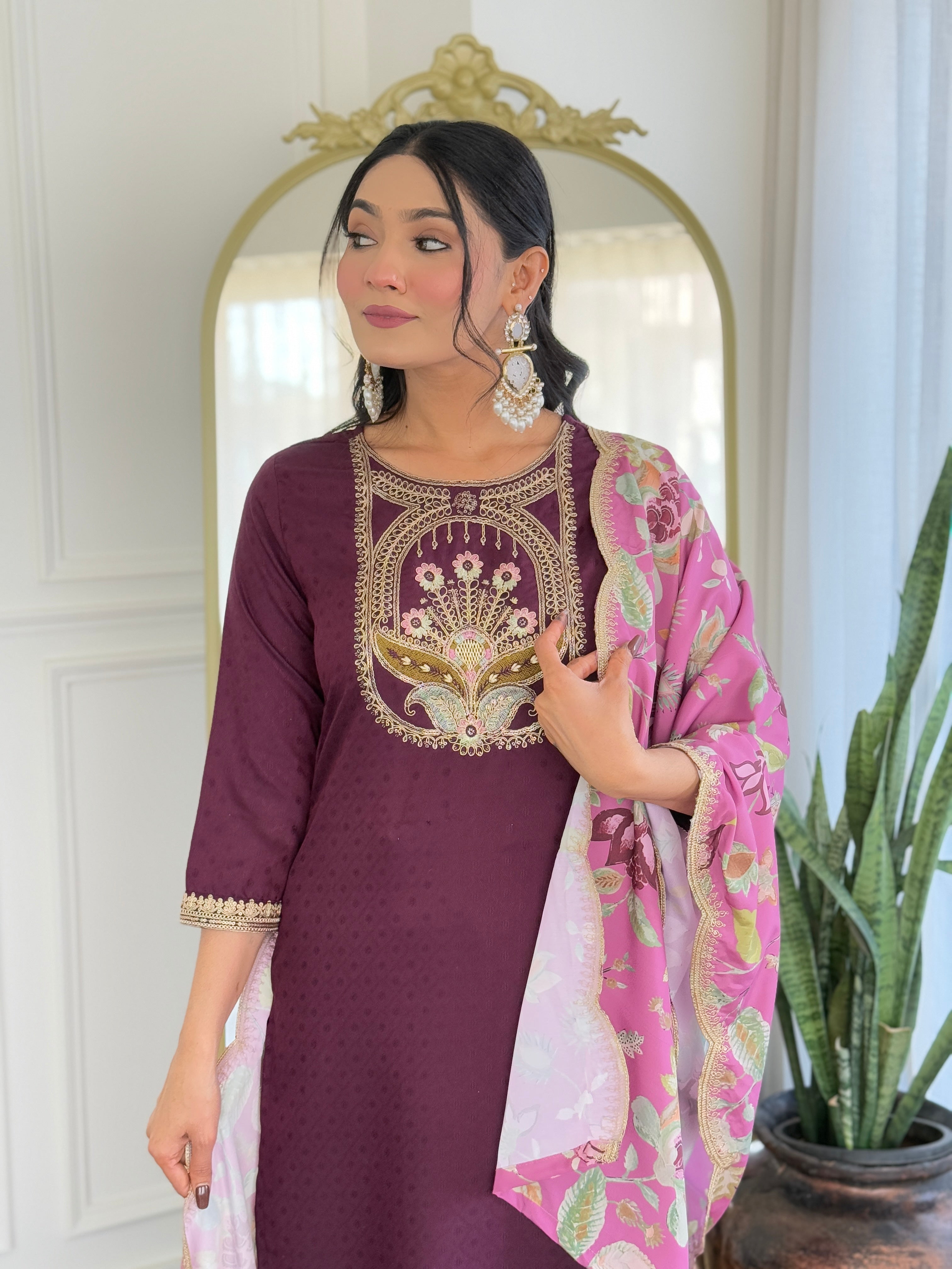 Teeya Creation Wine Color Viscose Rayon Embroidery Work Fully Stitched Kurti Set - Distacart