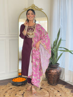 Thumbnail for Teeya Creation Wine Color Viscose Rayon Embroidery Work Fully Stitched Kurti Set - Distacart