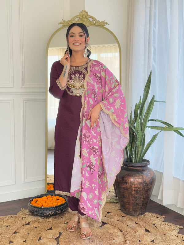 Teeya Creation Wine Color Viscose Rayon Embroidery Work Fully Stitched Kurti Set - Distacart