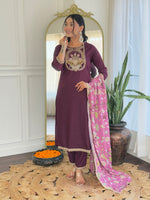 Thumbnail for Teeya Creation Wine Color Viscose Rayon Embroidery Work Fully Stitched Kurti Set - Distacart