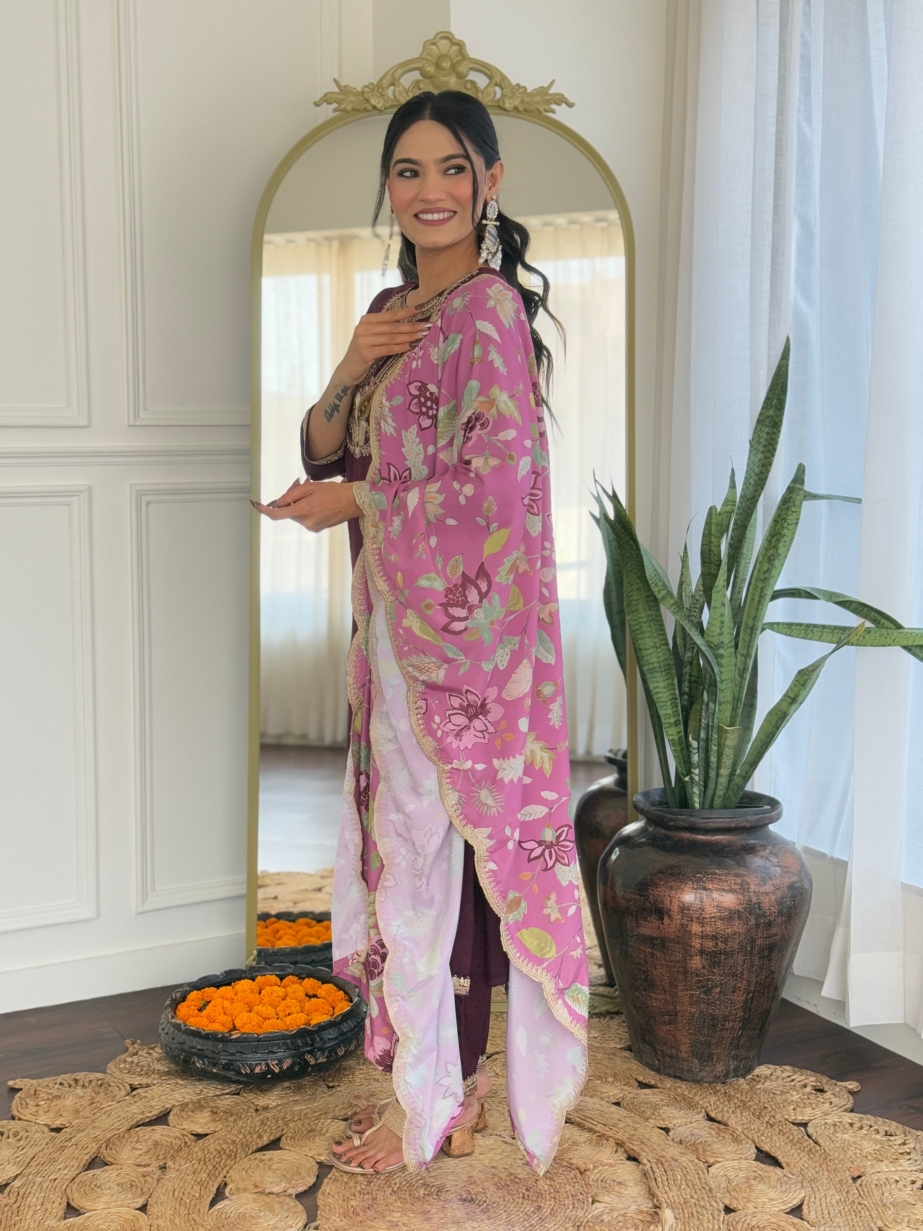 Teeya Creation Wine Color Viscose Rayon Embroidery Work Fully Stitched Kurti Set - Distacart