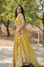 Thumbnail for Vastranavya Designer Dyeable Pure Viscose Jacquard Fabric Lehenga Choli & Dupatta Set - Yellow - Distacart