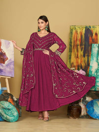 Thumbnail for Jyoti Fashion Women's Rani Pink Georgette Embroidered Anarkali Kurta Pant Set With Dupatta