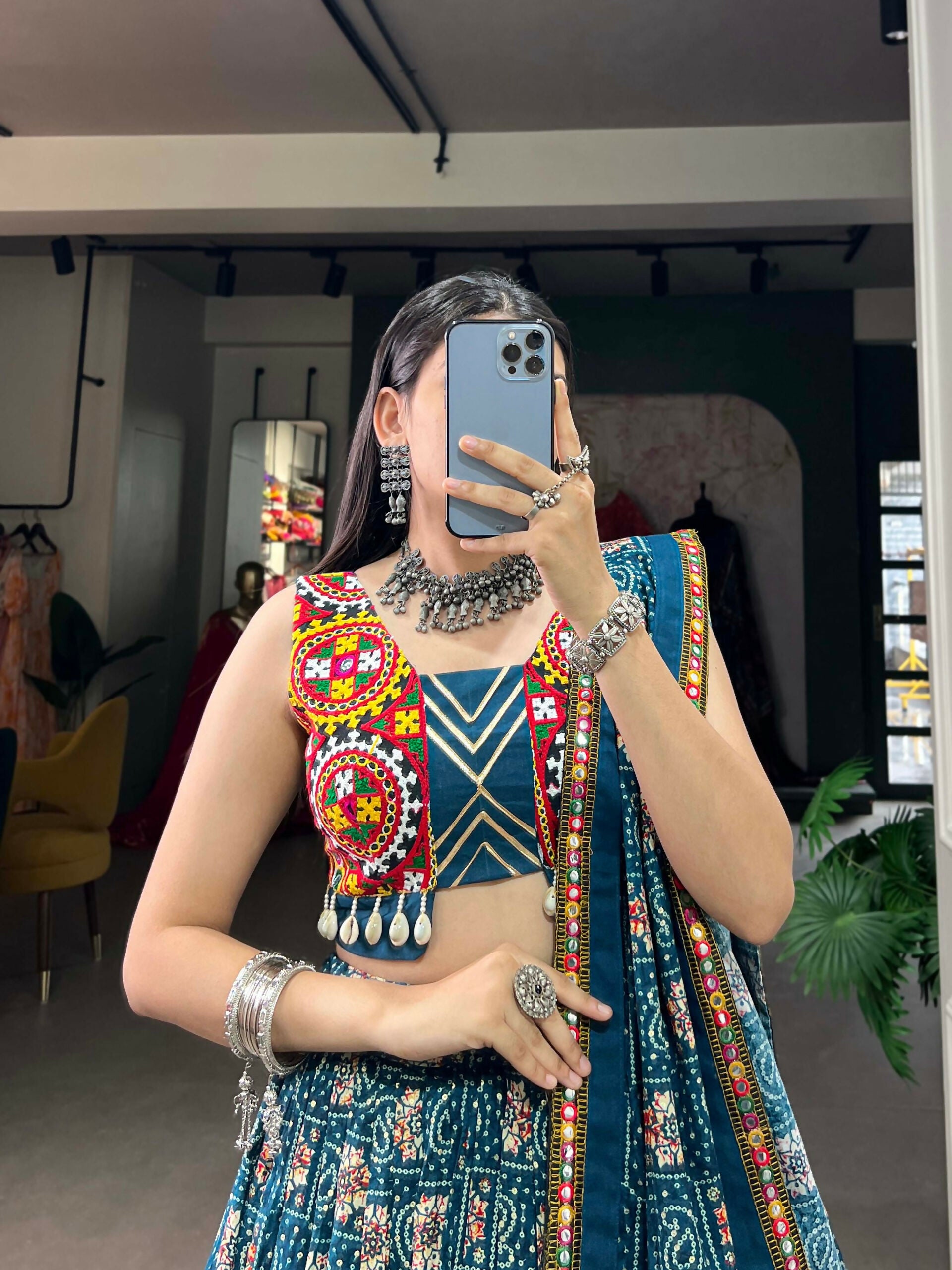 Vastranavya Navaratri Special Pure Rayon Printed With Foil Work And Gamthi Patch Work With Lace Touch Up Lehenga with Stitched Blouse - Teal - Distacart