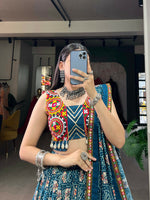 Thumbnail for Vastranavya Navaratri Special Pure Rayon Printed With Foil Work And Gamthi Patch Work With Lace Touch Up Lehenga with Stitched Blouse - Teal - Distacart