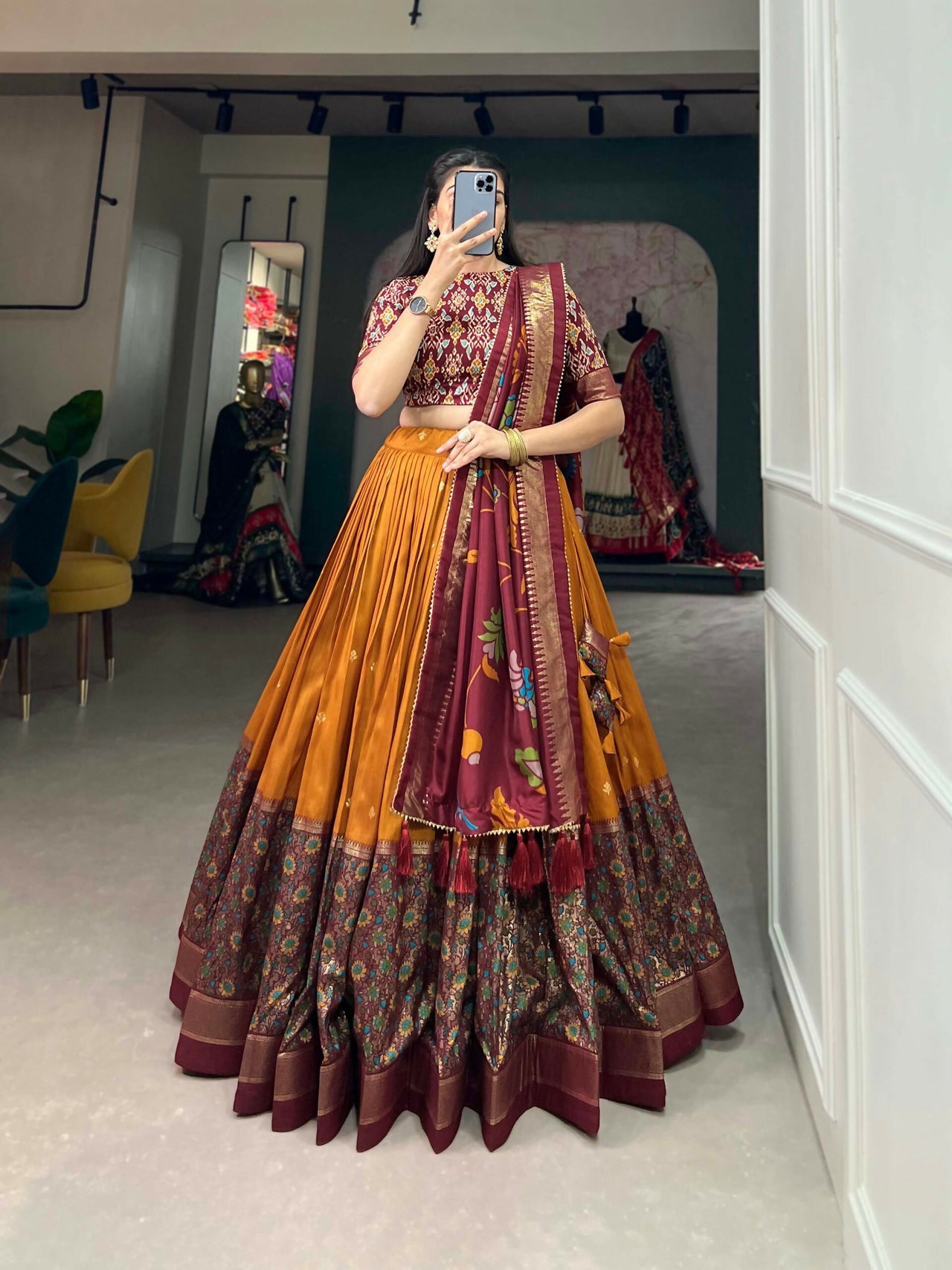 Vastranavya Stunning Look Tussar Silk Printed With Foil Work Indian Lehenga Choli - Mustard