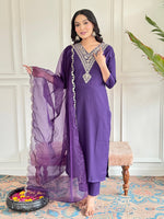 Thumbnail for The52 Violet Rayon Slub Fabric Straight Kurta, Pant and Dupatta Set