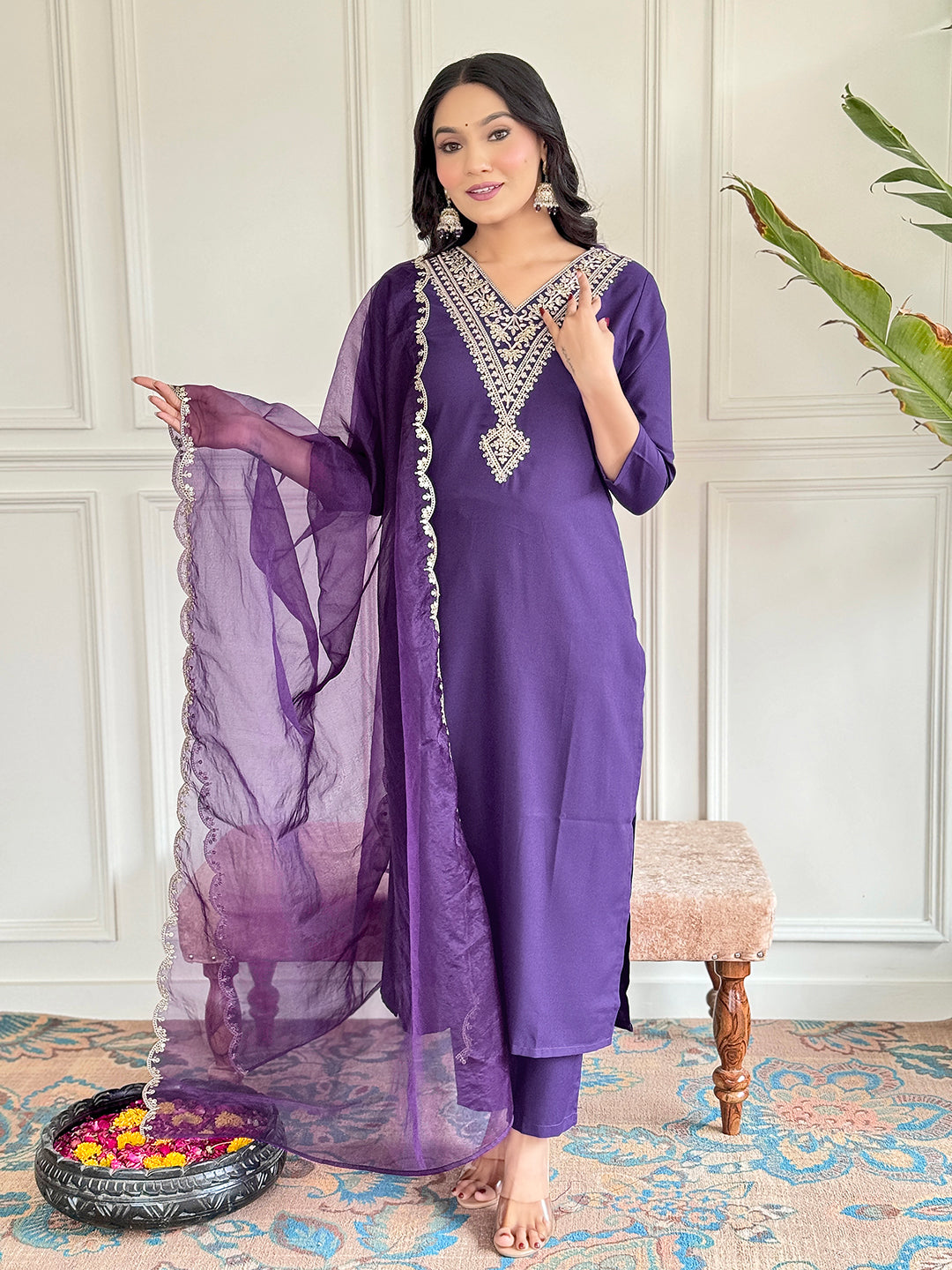 The52 Violet Rayon Slub Fabric Straight Kurta, Pant and Dupatta Set