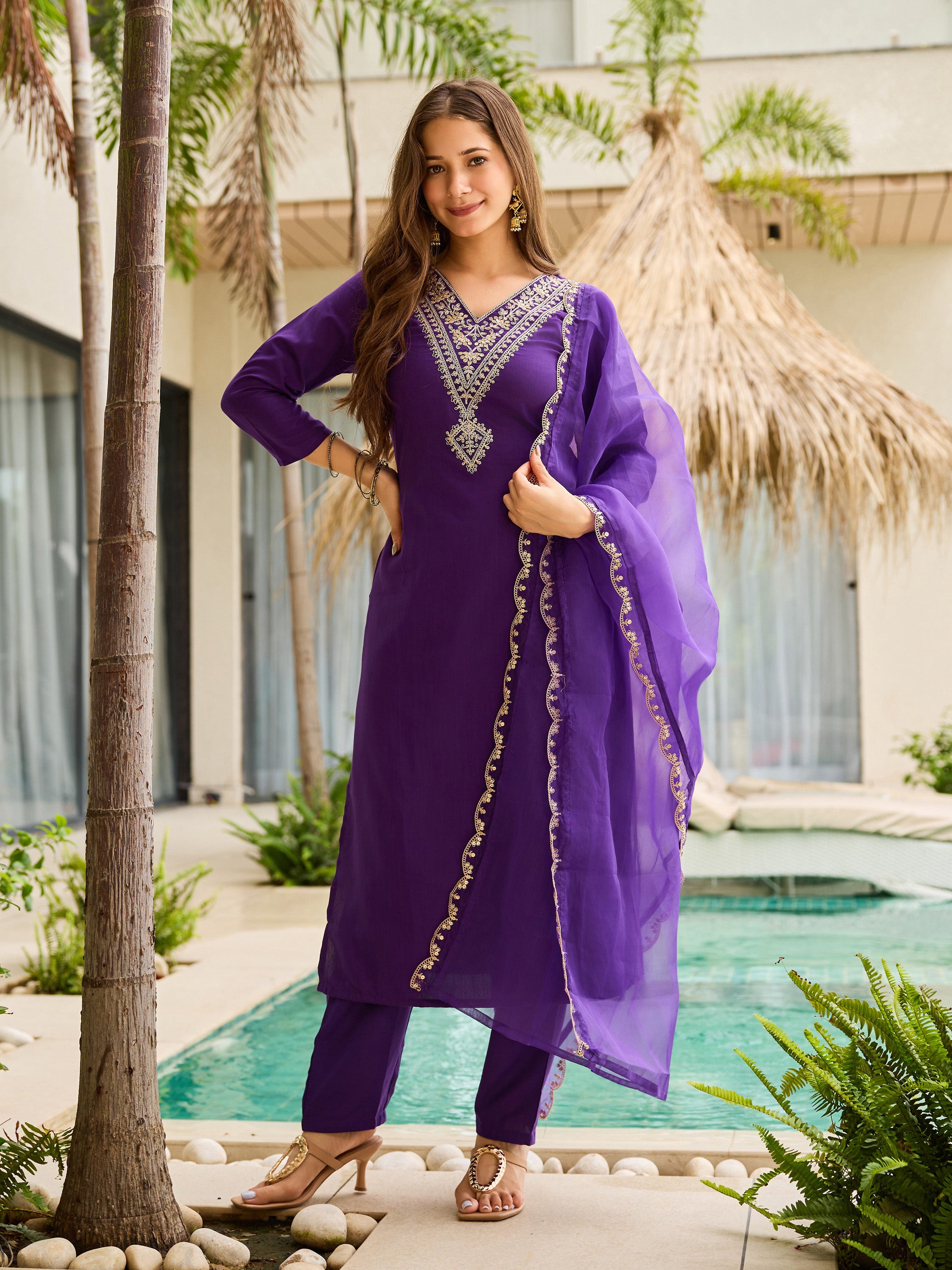 The52 Violet Rayon Slub Fabric Straight Kurta, Pant and Dupatta Set