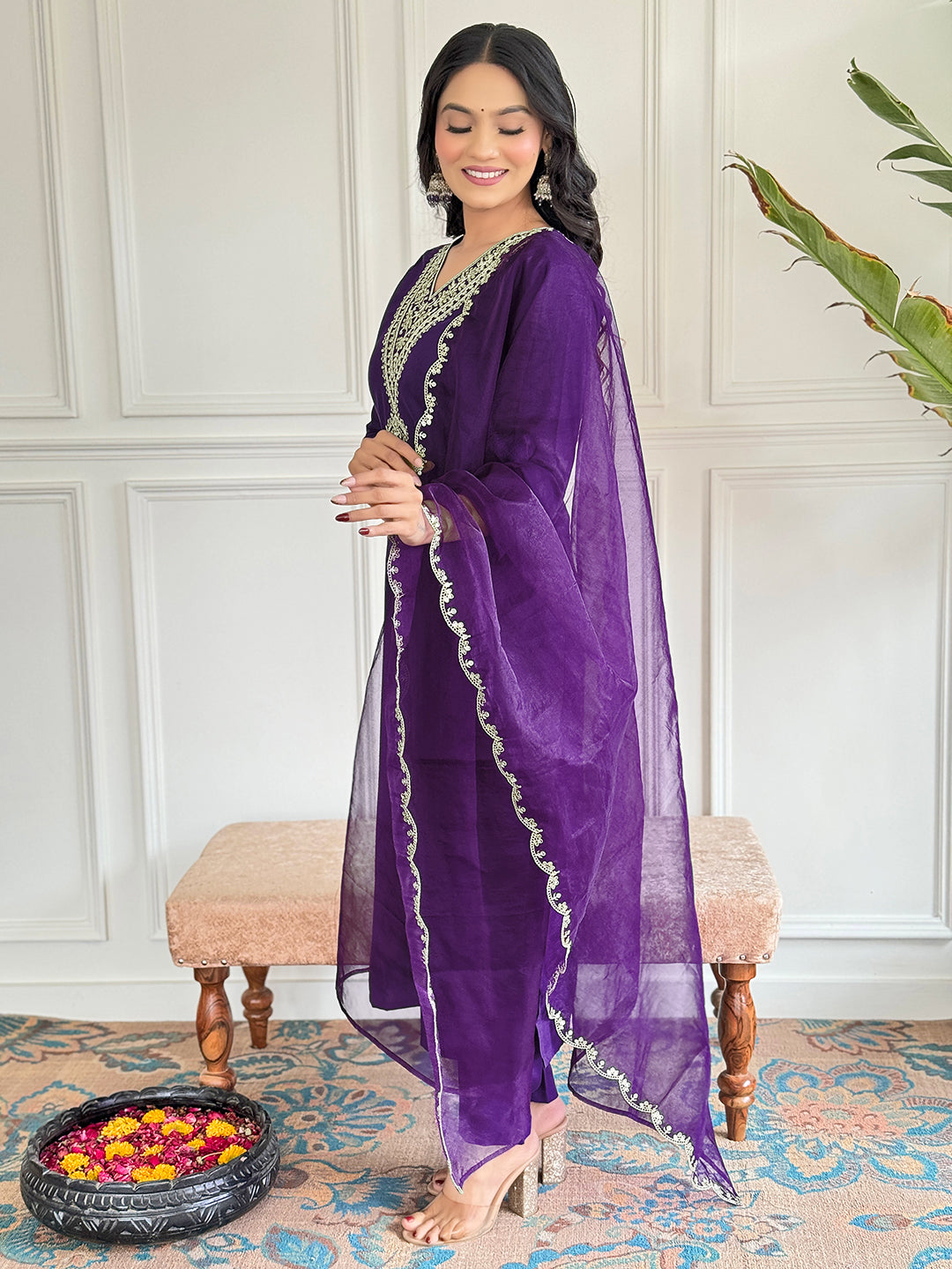 The52 Violet Rayon Slub Fabric Straight Kurta, Pant and Dupatta Set