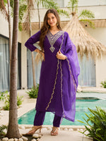 Thumbnail for The52 Violet Rayon Slub Fabric Straight Kurta, Pant and Dupatta Set