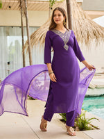 Thumbnail for The52 Violet Rayon Slub Fabric Straight Kurta, Pant and Dupatta Set