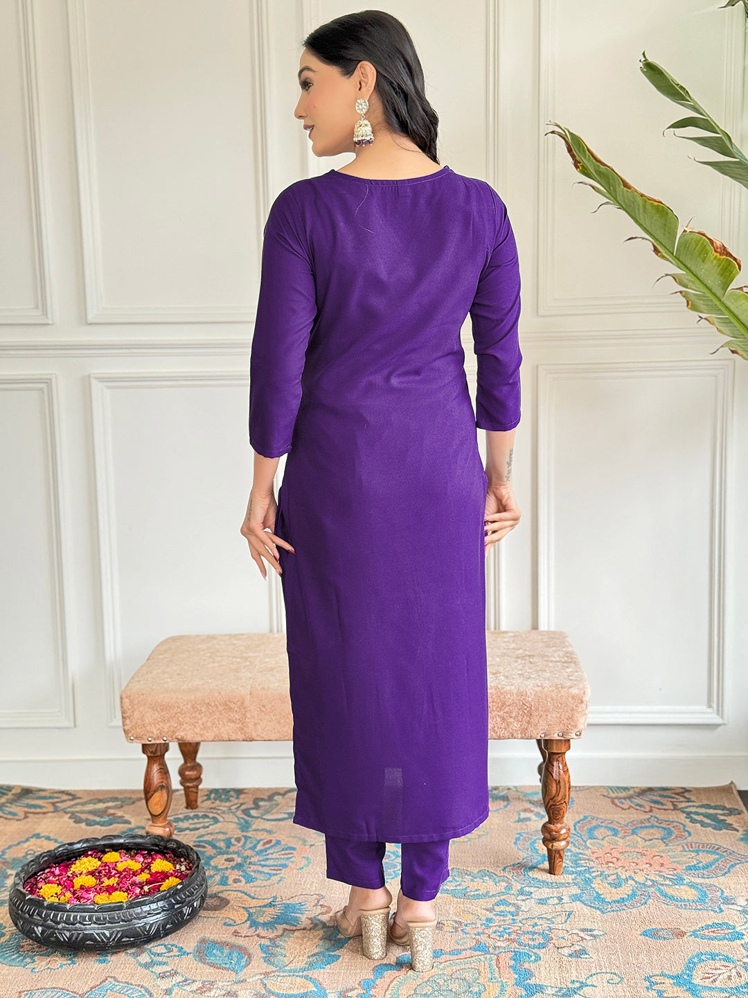 The52 Violet Rayon Slub Fabric Straight Kurta, Pant and Dupatta Set