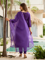 Thumbnail for The52 Violet Rayon Slub Fabric Straight Kurta, Pant and Dupatta Set