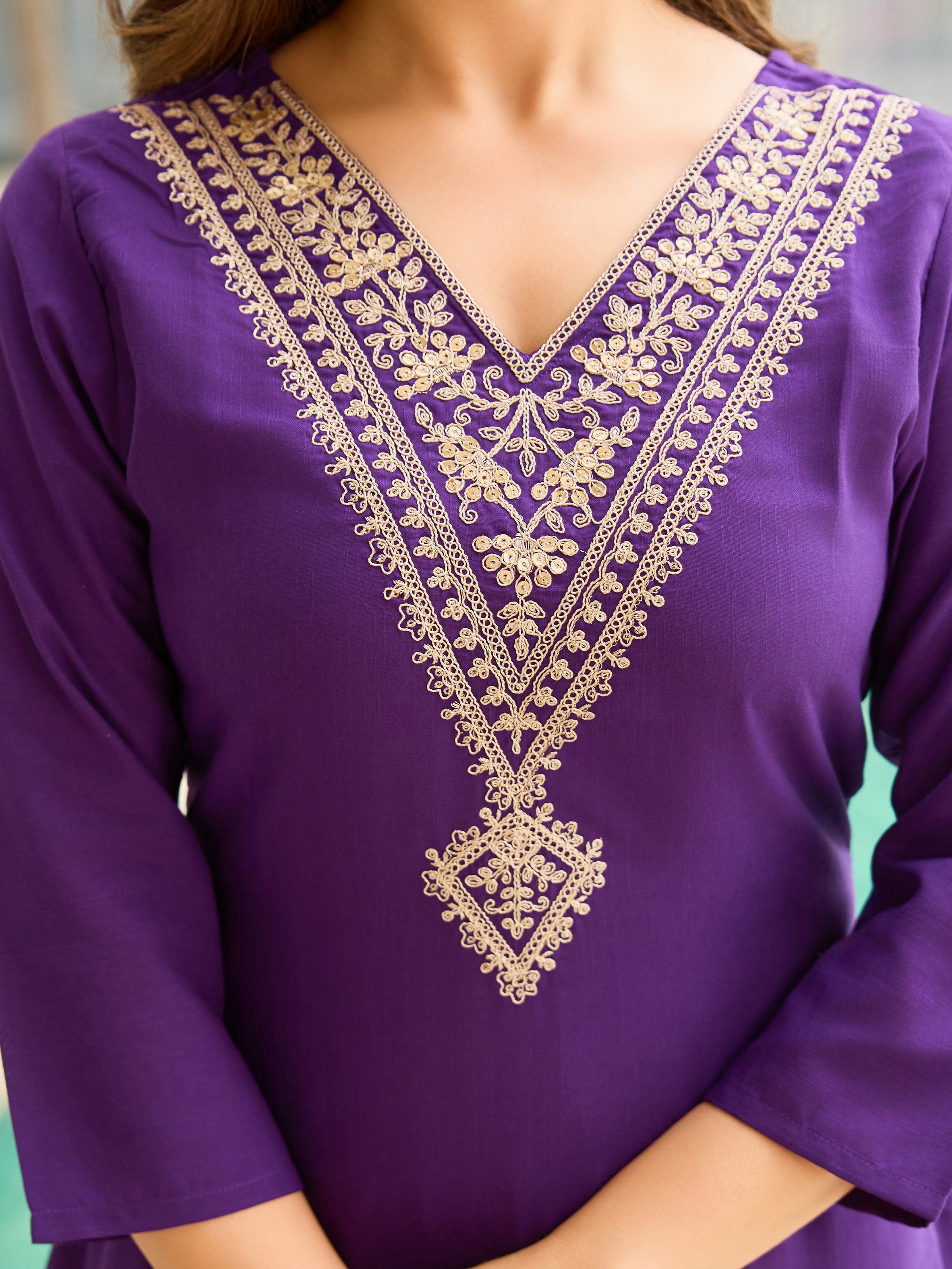 The52 Violet Rayon Slub Fabric Straight Kurta, Pant and Dupatta Set