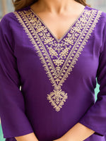 Thumbnail for The52 Violet Rayon Slub Fabric Straight Kurta, Pant and Dupatta Set