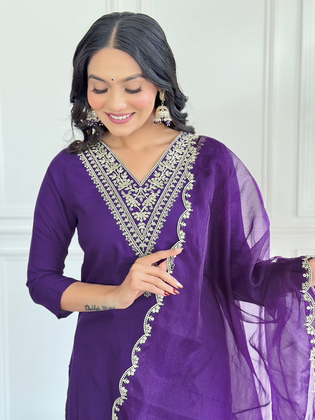 The52 Violet Rayon Slub Fabric Straight Kurta, Pant and Dupatta Set