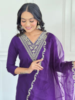 Thumbnail for The52 Violet Rayon Slub Fabric Straight Kurta, Pant and Dupatta Set