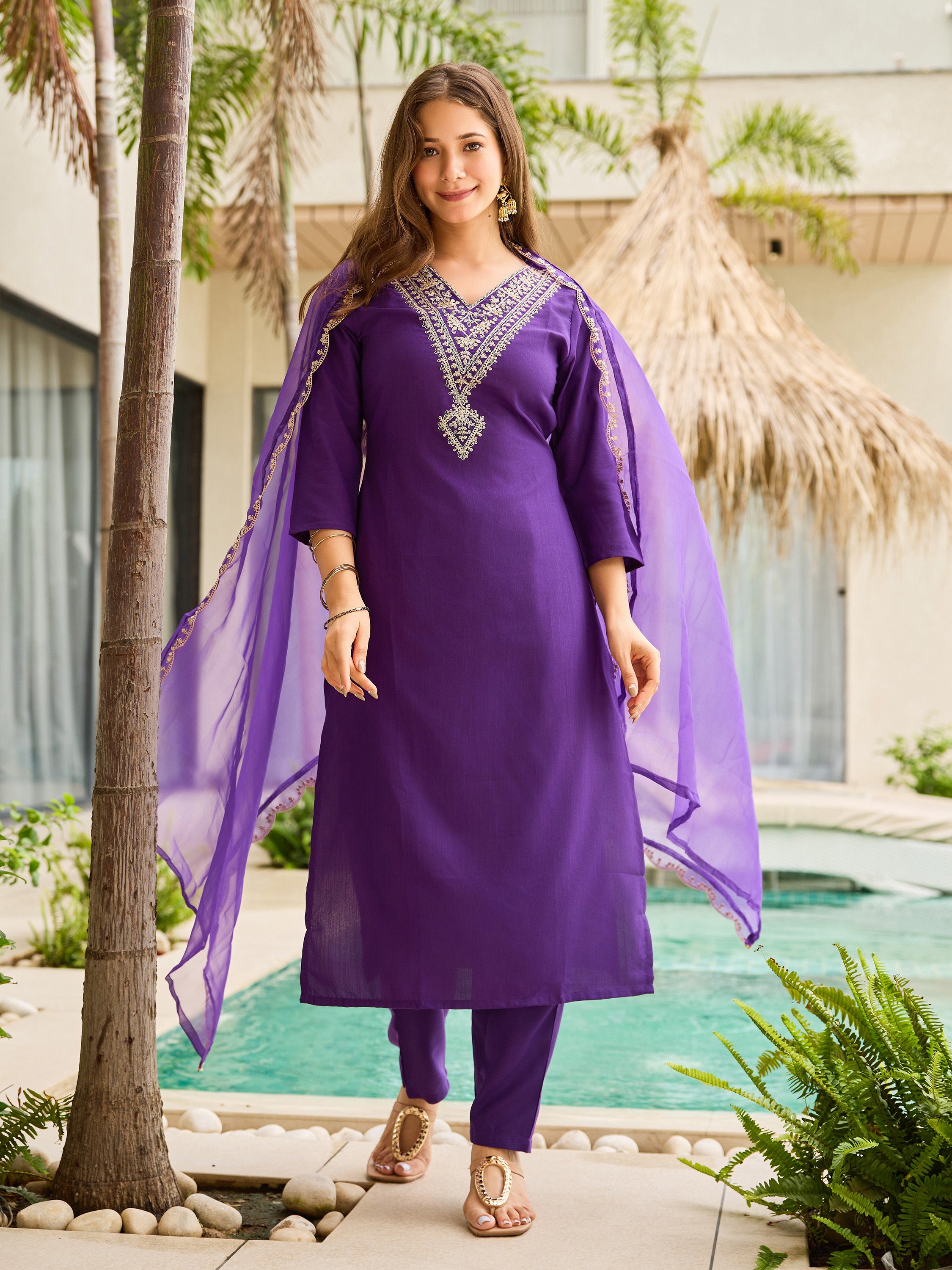 The52 Violet Rayon Slub Fabric Straight Kurta, Pant and Dupatta Set