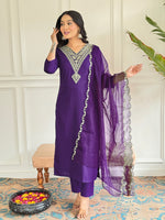 Thumbnail for The52 Violet Rayon Slub Fabric Straight Kurta, Pant and Dupatta Set