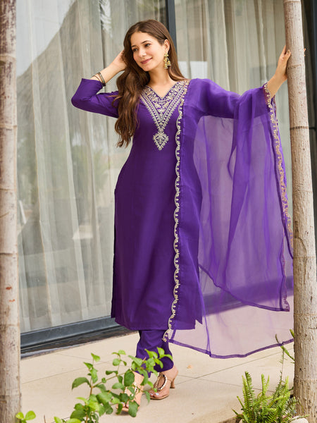 The52 Violet Rayon Slub Fabric Straight Kurta, Pant and Dupatta Set