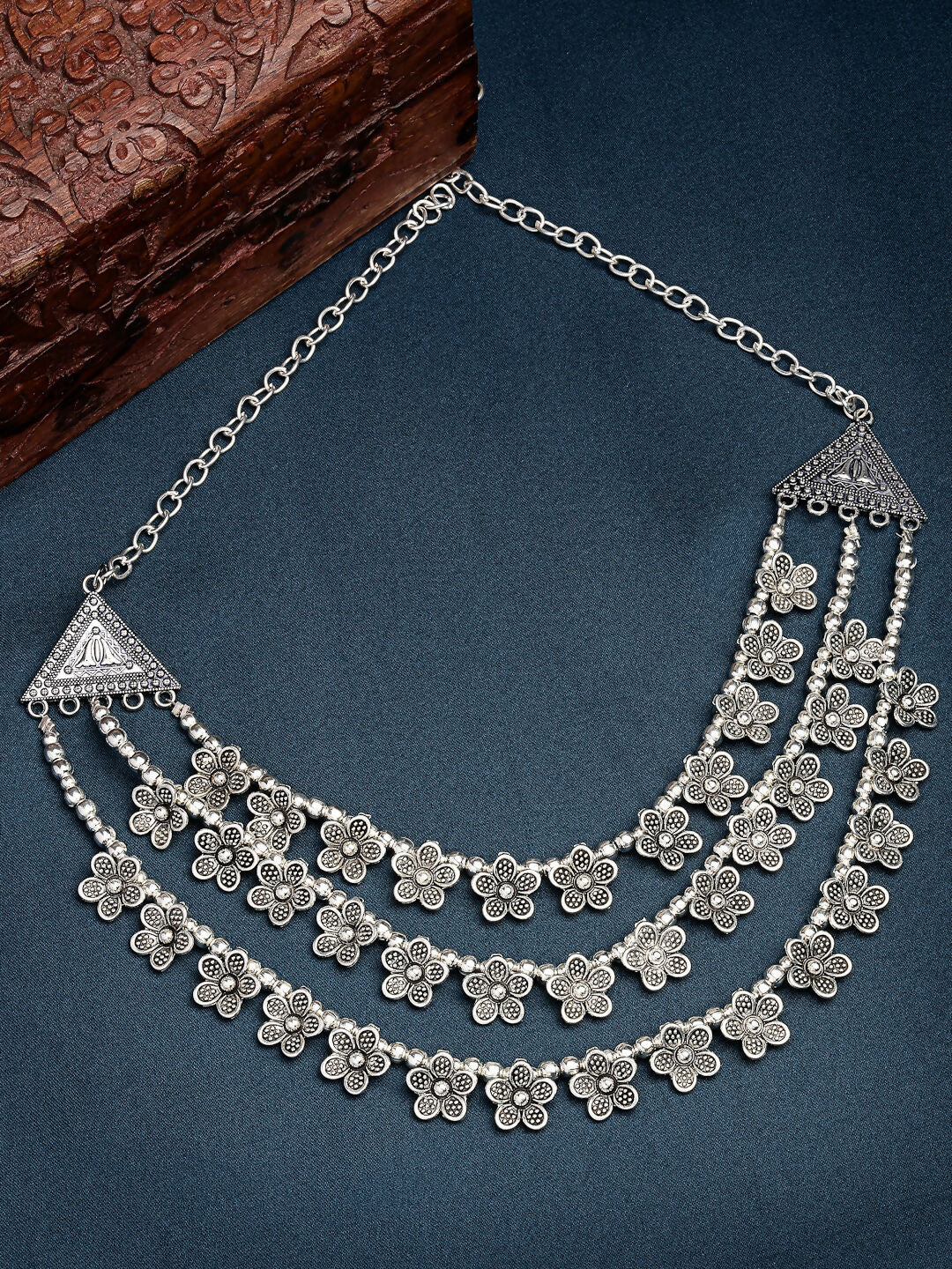 NVR Women's 3 Layered Floral Shape Artificial Beads German Silver Oxidised Necklace - Distacart