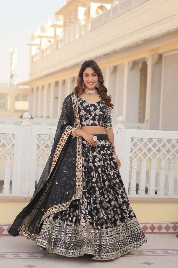 Vastranavya Designer Dyeable Pure Viscose Jacquard Fabric Lehenga Choli & Dupatta Set - Black - Distacart