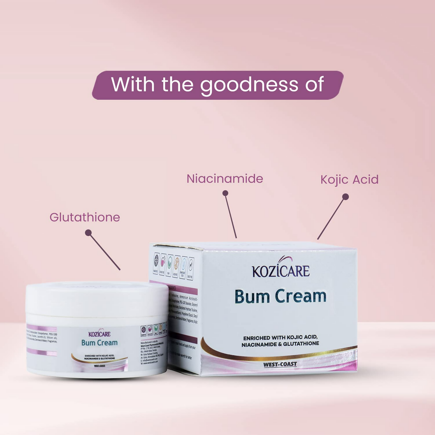 Healthvit Kozicare Bum Cream with 0.01% Glutathione, 1% Niacinamide - Distacart