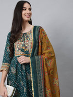 Thumbnail for Anubhutee Teal Ethnic Motifs Printed Empire Thread Work Pure Cotton Kurta with Trousers & With Dupatta - Distacart