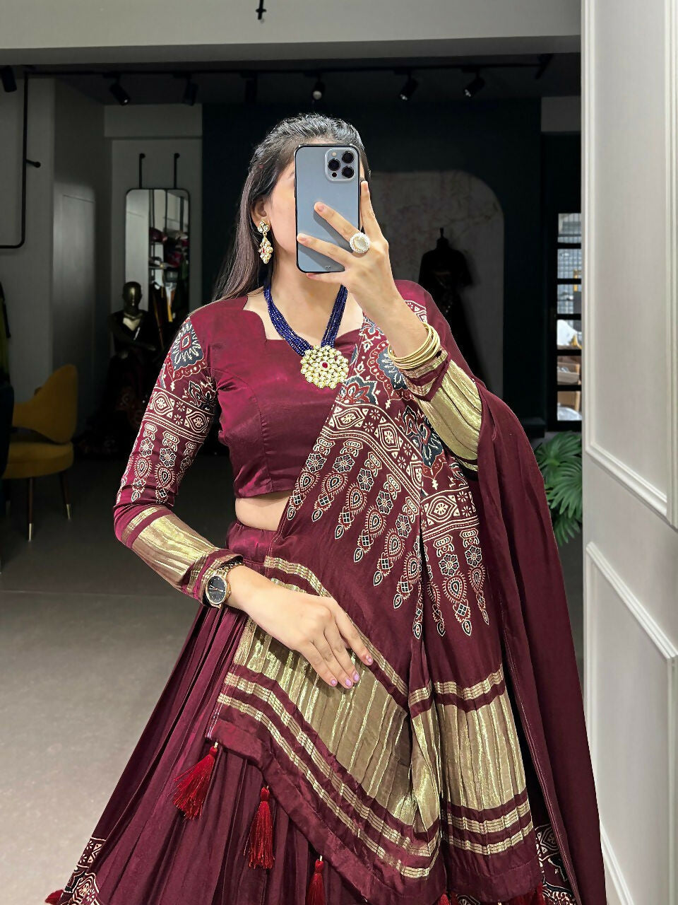 Vastranavya Traditional Every Occasion Gaji Silk Digital Print With Lagadi Patta Lehenga with Unstitched Blouse - Maroon