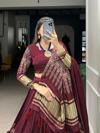 Thumbnail for Vastranavya Traditional Every Occasion Gaji Silk Digital Print With Lagadi Patta Lehenga with Unstitched Blouse - Maroon