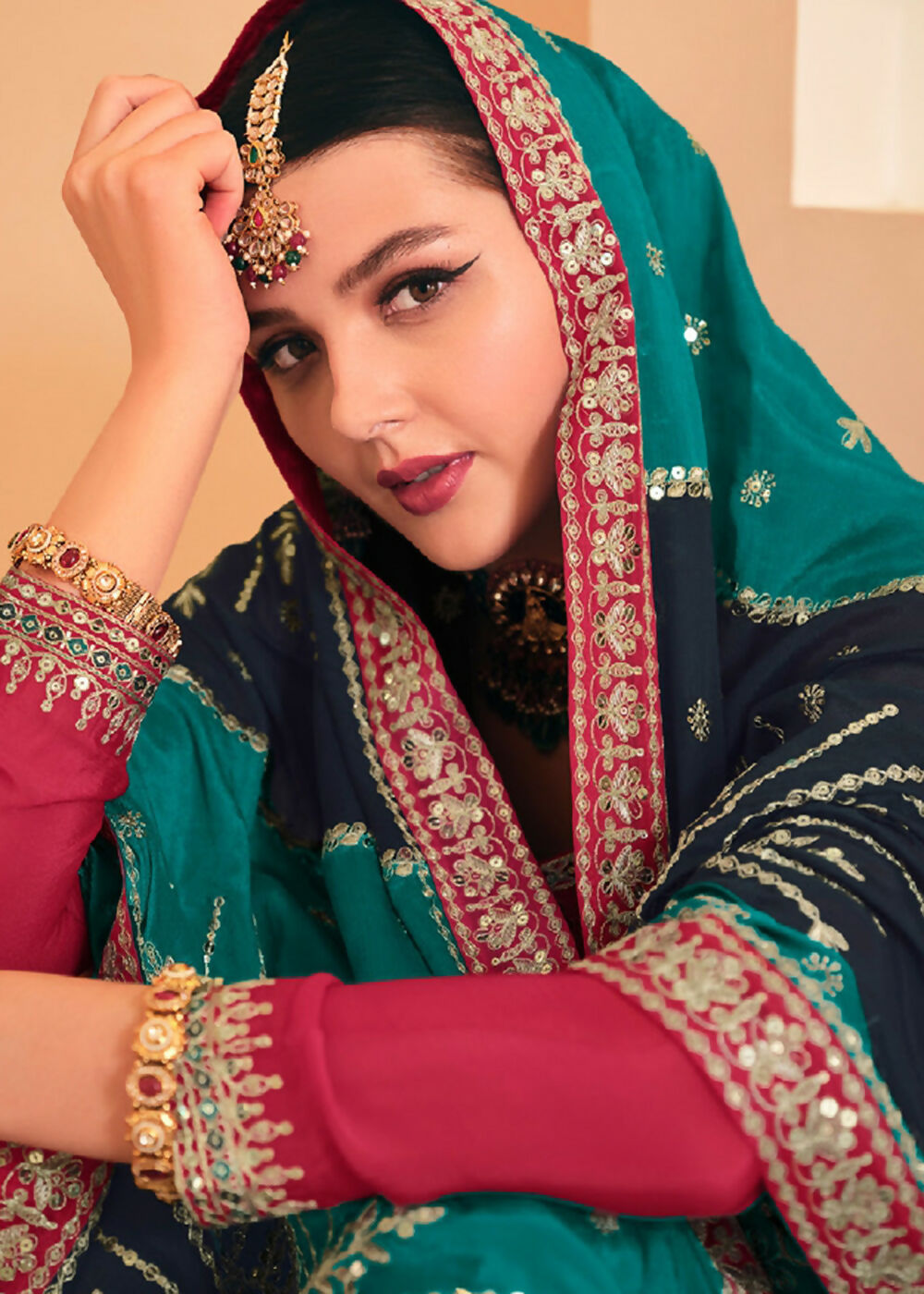 Dazzling Red Embroidered Chinnon Palazzo Salwar Kurta - Emponline - Distacart