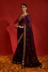 Thumbnail for Aastha Fashion Wine Soft Georgette sequins embroidery work with lace border Saree