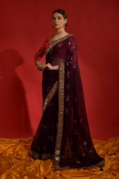Aastha Fashion Wine Soft Georgette sequins embroidery work with lace border Saree