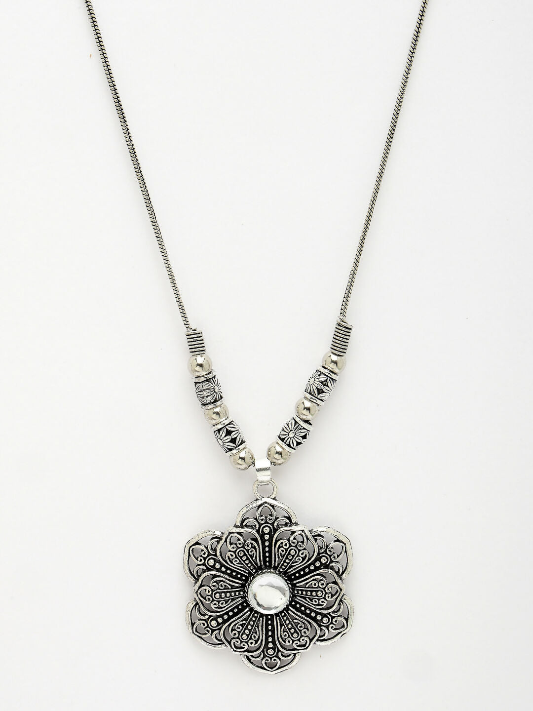 NVR Women's Silver-Toned Floral Shape Pendant with Chain - Distacart