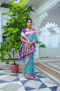 Thumbnail for Aastha Fashion Teal Woven Kanjivaram Silk Saree with Blouse - Distacart