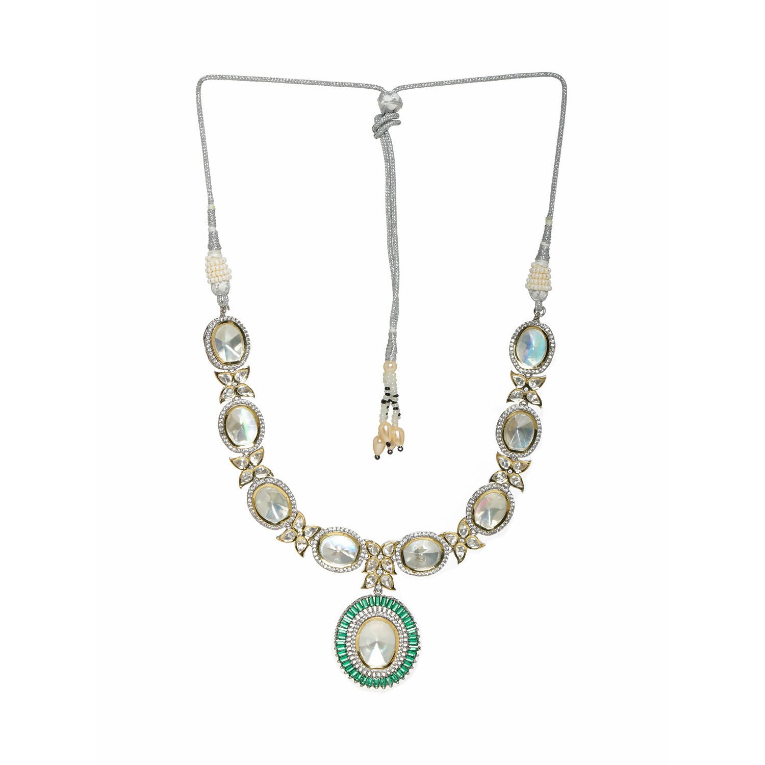 Gold and Silver Tone Neckpiece with Green Center Piece (Silver) - Ruby Raang - Distacart