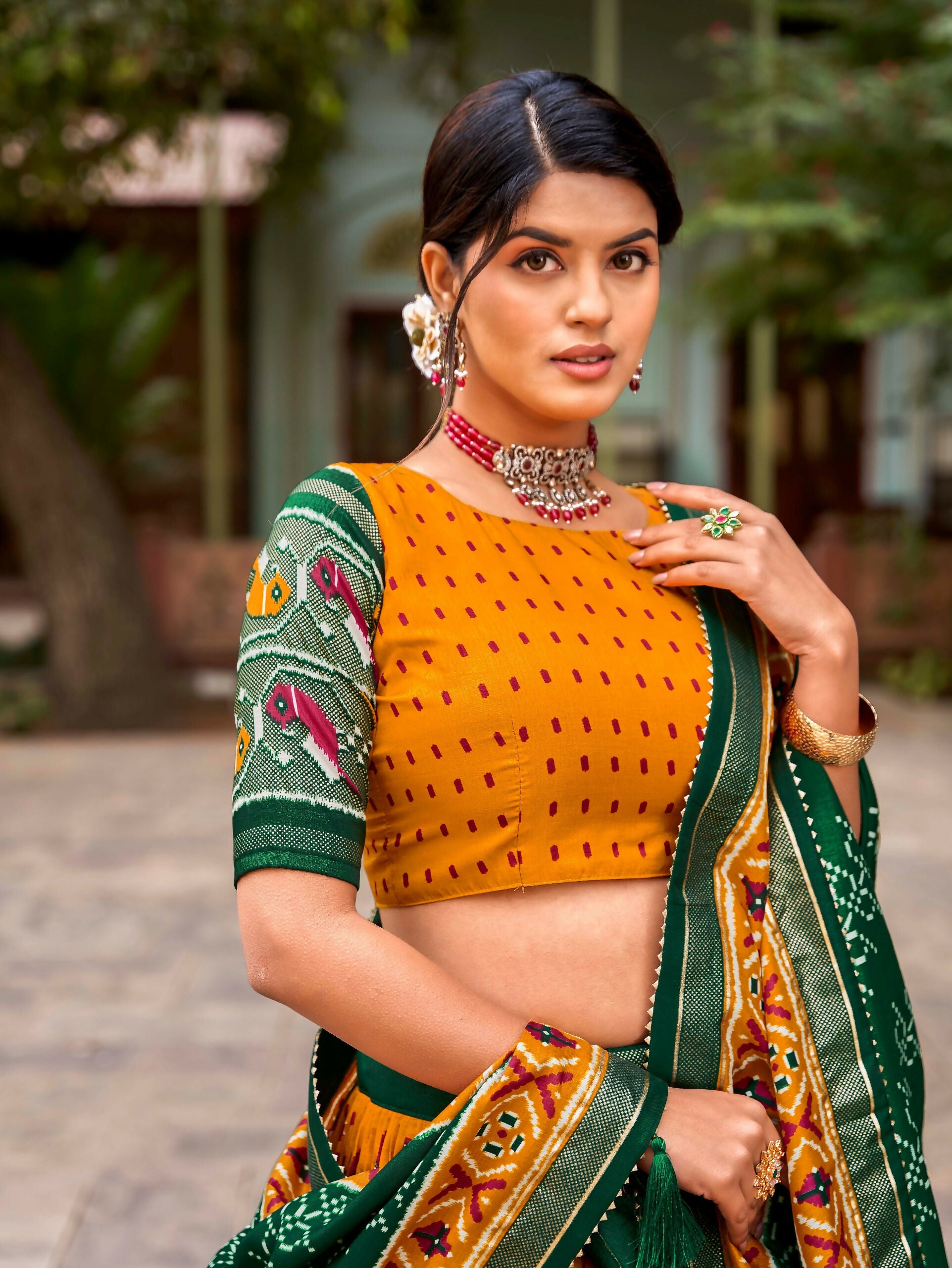Vastranavya Patola Printed and Foil Work Tussar Silk Lehenga with Unstitched Blouse - Mustard - Distacart