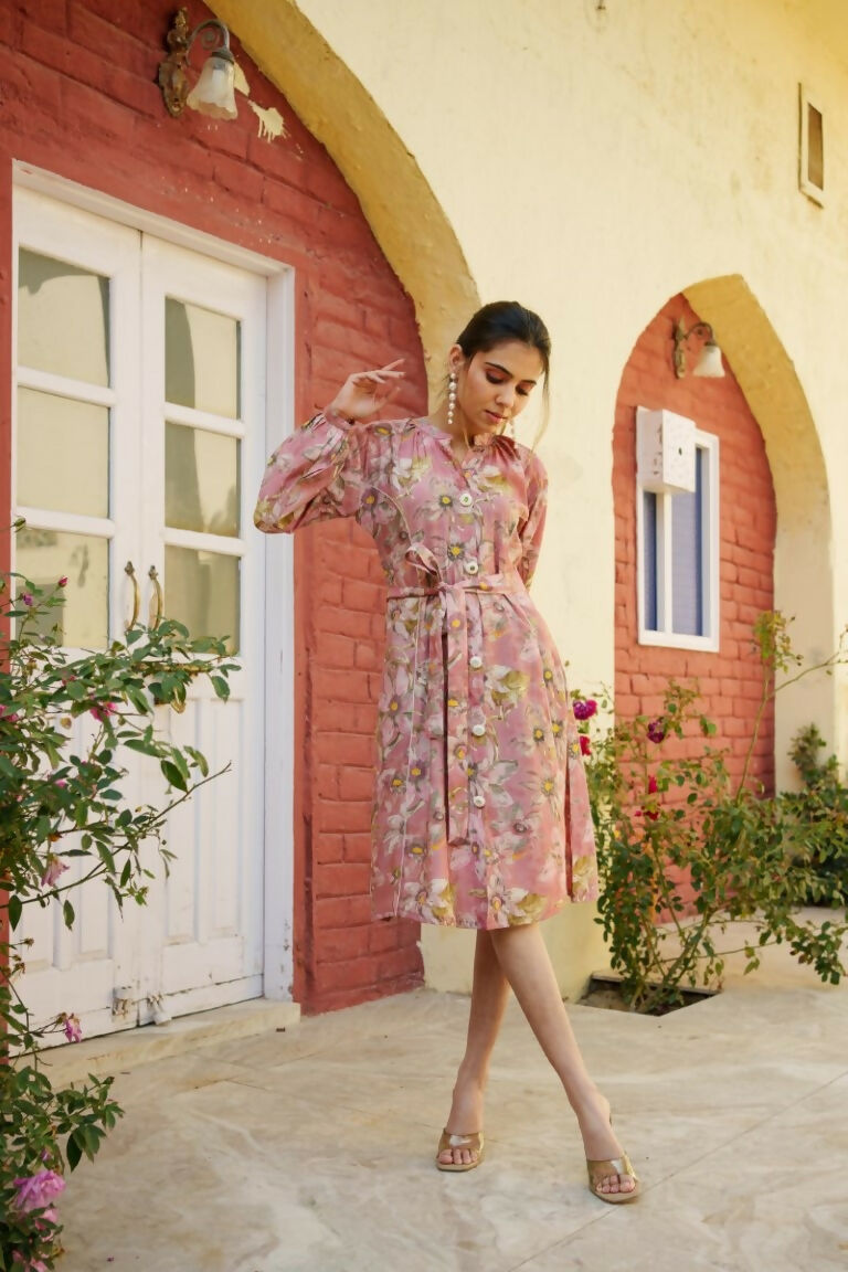 Vaasva Women Pink Muslin Floral Printed Knee Length Dress - Distacart