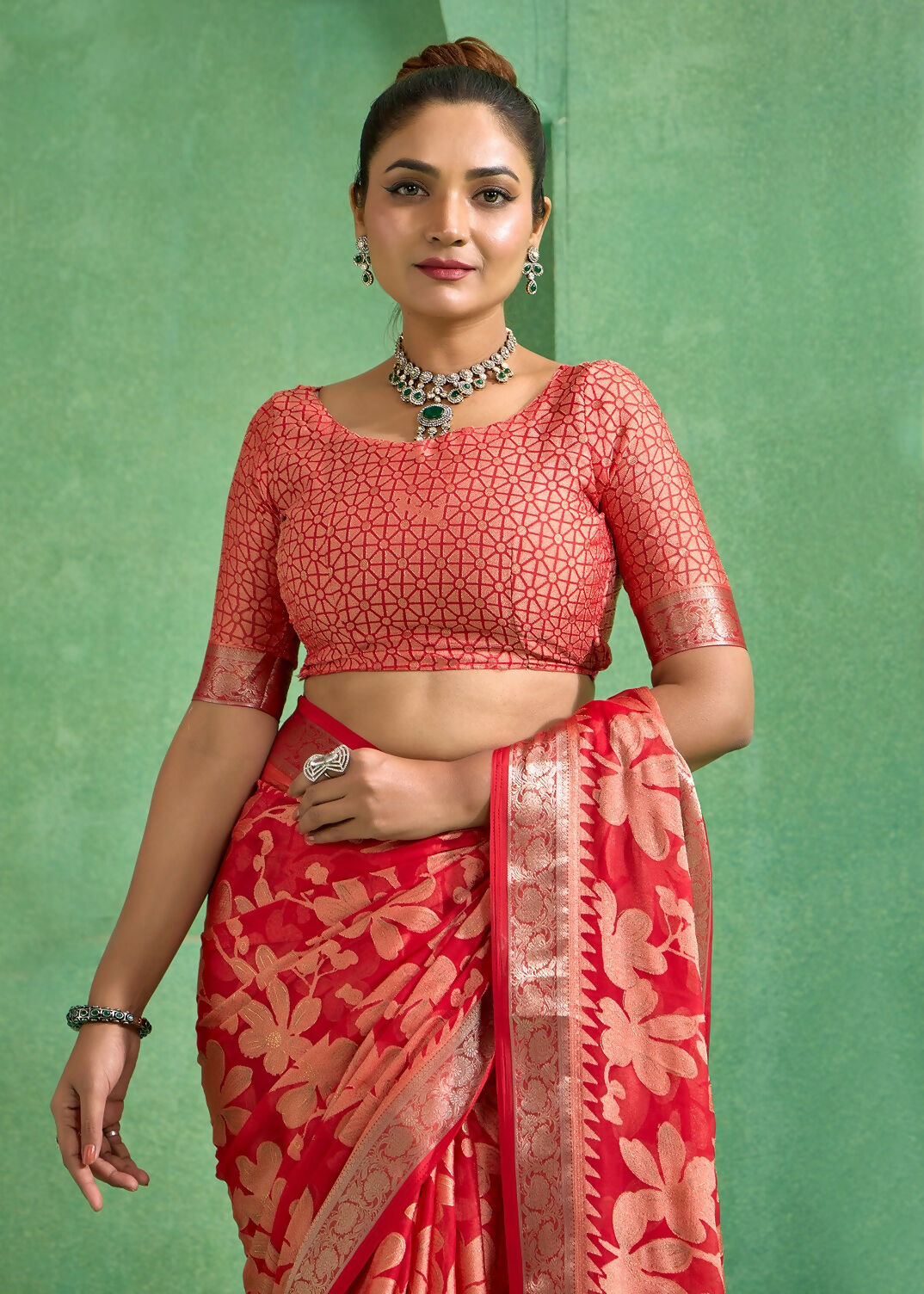 Joban Fashion Redbull Moss Brasso With Kasab Zari Border Saree & Tassels With Brasso Blouse