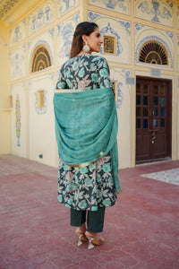 Thumbnail for Vaasva Women Teal Muslin Embroidered Kurta, Pant & Dupatta Set - Distacart