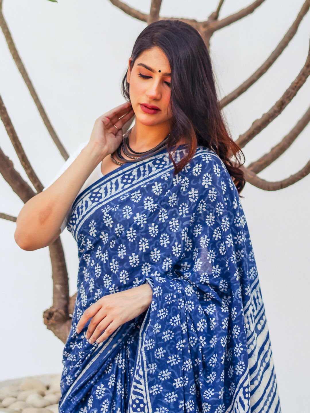 Zibaa Hand-Blocked Pure Mul Cotton Indigo Saree