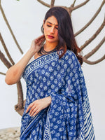 Thumbnail for Zibaa Hand-Blocked Pure Mul Cotton Indigo Saree