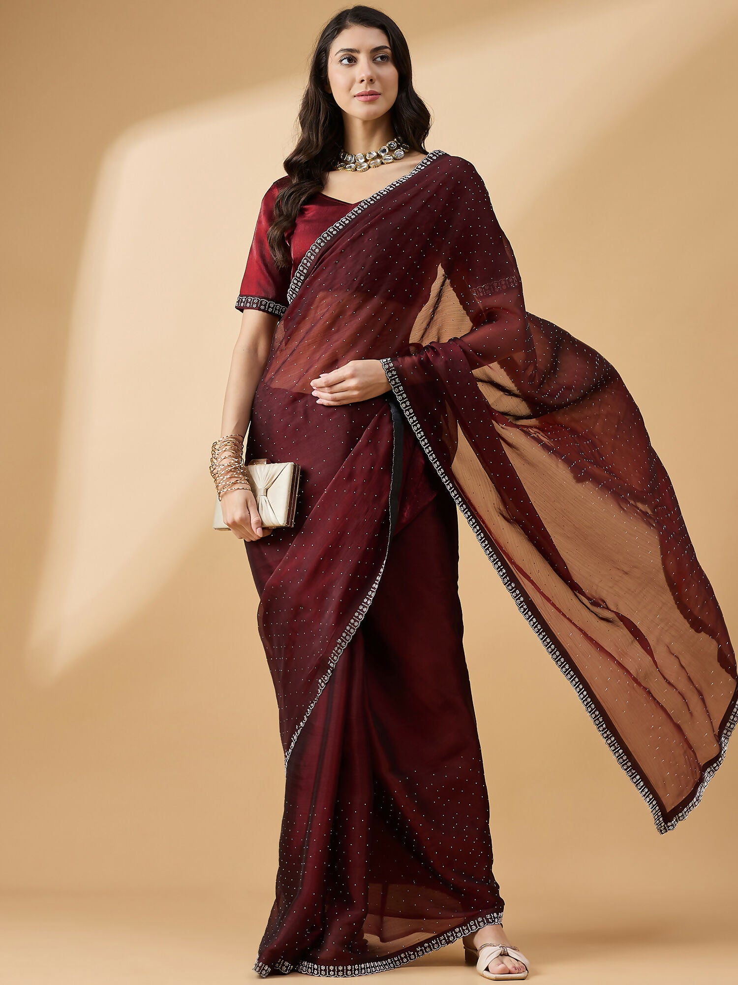 Brown Organza Swaroski Diamond Work Saree with Unstitched Blouse - Radha - Distacart