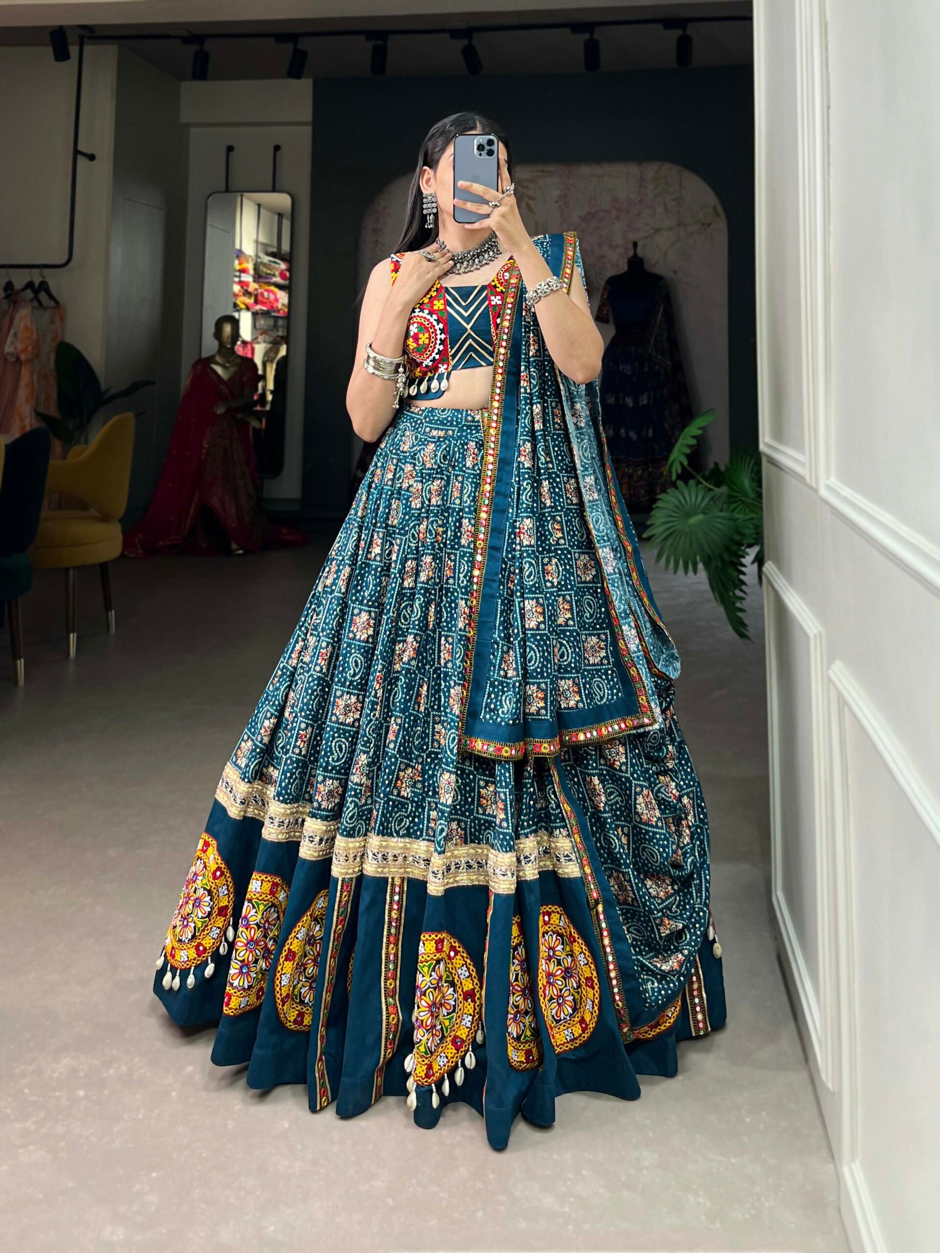 Vastranavya Navaratri Special Pure Rayon Printed With Foil Work And Gamthi Patch Work With Lace Touch Up Lehenga with Stitched Blouse - Teal - Distacart