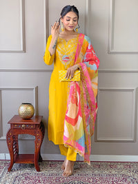 Thumbnail for Lyush Women Party Wear Embroidery Worked Kurta With Pant And Duppata Set - Yellow
