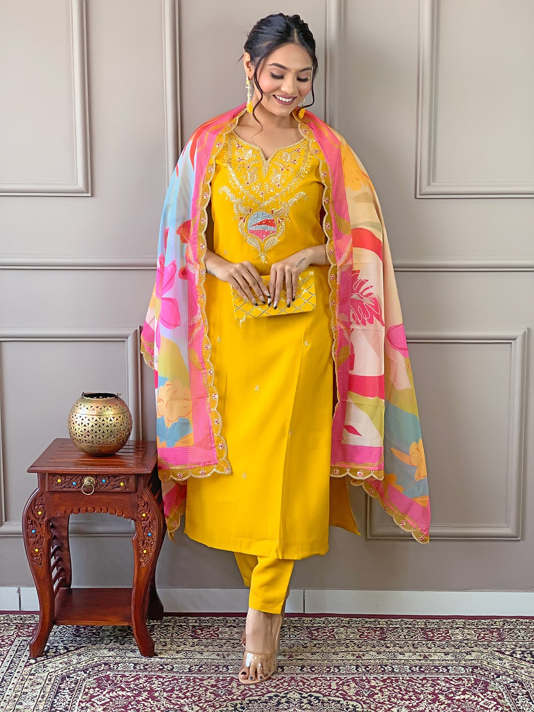 Lyush Women Party Wear Embroidery Worked Kurta With Pant And Duppata Set - Yellow