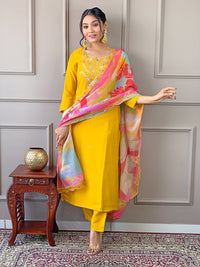 Thumbnail for Lyush Women Party Wear Embroidery Worked Kurta With Pant And Duppata Set - Yellow